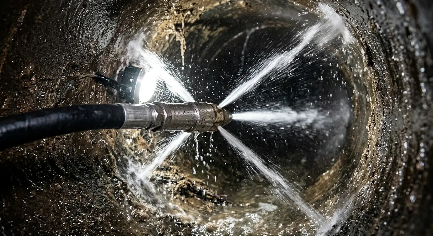 High-pressure hydro jetting nozzle cleaning sewer pipe for Trenchless Sewer Repair in Auburn