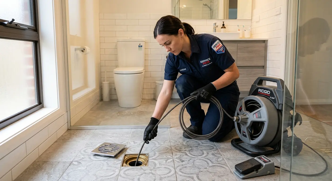 Technician clearing a bathroom floor drain for Drain Cleaning in Auburn